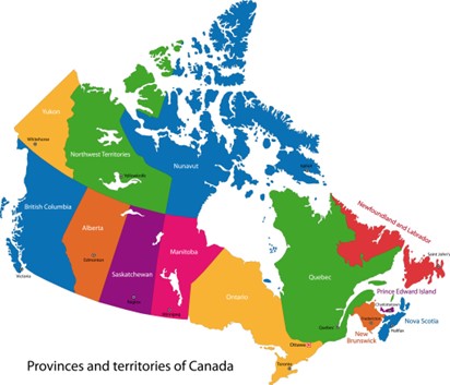 a colourful drawing of a map of Canada highlighting the provinces.